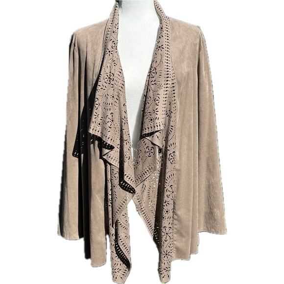Coldwater Creek 1X Taupe Laser Cut Faux Suede Waterfall Cardigan Sweater Jacket - Picture 1 of 10
